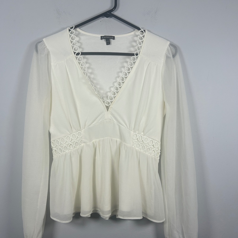 Express Blouse Women's S Cream Sheer Sleeve Y2K Empire Waist Romantic Boho